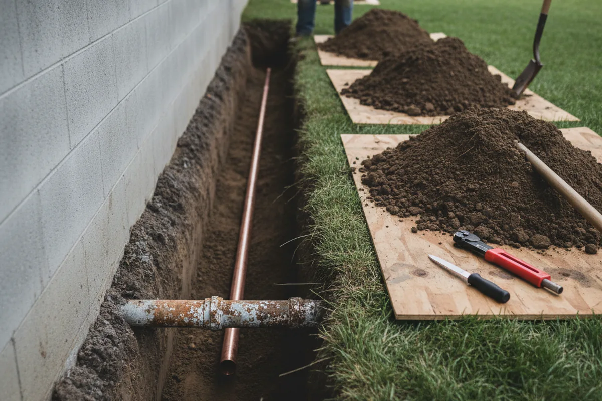 Excavated water line trench during Water Heater Repair in North